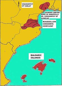 馬略卡王國在13世紀的領土分佈，下為巴利阿里群島，上為今法國南部