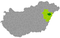 Debrecen ilçesinin Hajdú-Bihar ilindeki konumu