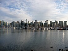 Downtown Vancouver is bounded by Burrard Inlet to the north. Downtownvancouverviewfromstanleypark.JPG
