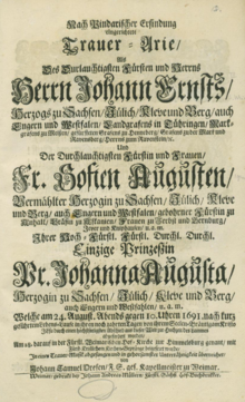 Titelblatt des Textheftes der Trauerarie für Johanna Augusta von Sachsen-Weimar von Johann Samuel Drese (1691) (Quelle: Wikimedia)