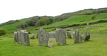 Drombeg multiple-stone circle looking between the portal stones towards the axial stone Droumbeag stone circle (geograph 4958588).jpg