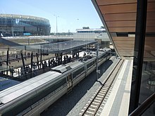 The purpose-built Perth Stadium railway station, serviced by Transperth's Armadale and Thornlie Line services.