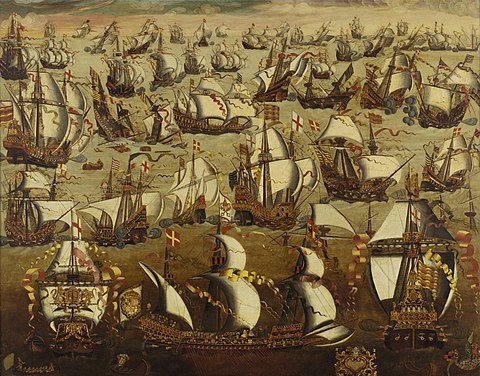 The Spanish Armada fighting the English navy at the Battle of Gravelines in 1588