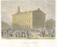 Faneuil Hall in 1776. The Artillery Company is headquartered on the fourth floor of Faneuil Hall. Faneuilhall104.JPG