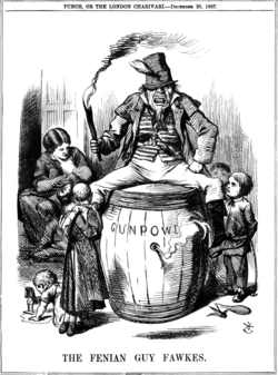 "The Fenian Guy Fawkes" by John Tenniel, published in Punch magazine, on 28 December 1867 Fenian guy fawkesr1867reduced.png