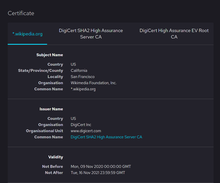 Example of a DigiCert issued wildcard certificate for *.wikipedia.org Firefox 89 AboutCertificate screenshot.png
