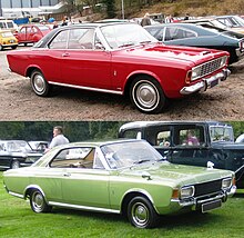 The facelift of 1968, undertaken when the car had been on sale for less than a year, did not significantly change the overall silhouette of the car (here shown as a two-door coupe), but the new version came with several of the bumps and creases removed. Ford P7A and P7B.jpg