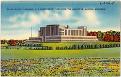 The new Laboratory location, illustrated between the 1930s and 40s Forest Products Building, U.S. Government, taken from the Lake Drive, Madison, Wisconsin (63064).jpg