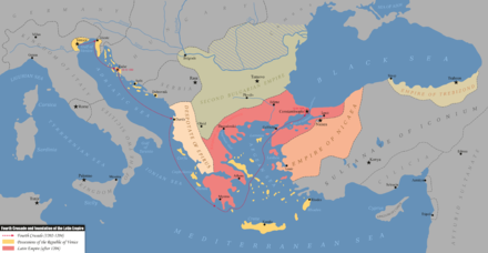 The path of the Fourth Crusade and the political situation of what once was the Byzantine Empire in 1204 AD.