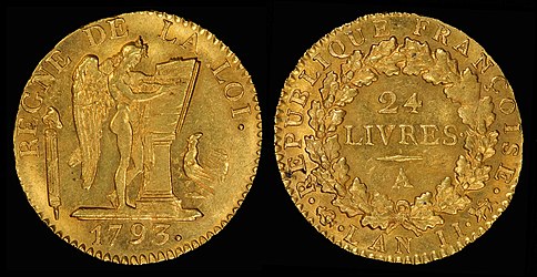 French 1793 24L. gold coin, 7.64 g France 1793-A 24 Livres.jpg