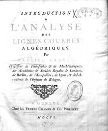 Titulní stránka Úvodu k analýze algebraických zakřivených čar od Gabriela Cramera (publikovaná v Ženevě v roce 1750)