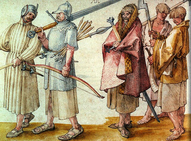 Irish kern and gallowglass armed with pikes, longswords, and the Lochaber axe. Drawing by Albrecht Dürer, 1521.