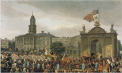 A painting of King George IV's royal visit to Ireland, which inspired Byron to write Irish Avatar. George IV, King of England, Entering Dublin.PNG