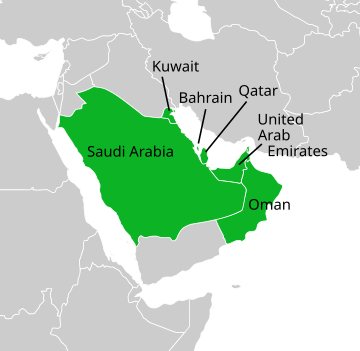 The six countries where rugby union is played on the Arabian Peninsula. Gulf Cooperation Council.svg