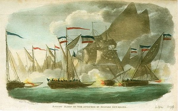 HMS Speedy (centre) surrounded by Spanish gunboats off Gibraltar in November 1799