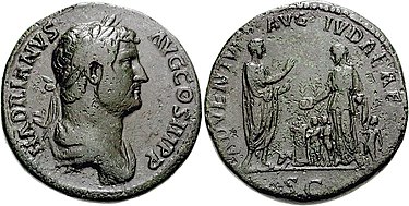 Coinage minted to mark Hadrian's visit to Judea. Inscription: HADRIANVS AVG. CO[N]S. III, P. P. / ADVENTVI (arrival) AVG. IVDAEAE - S. C. Hadrian visit to Judea.jpg