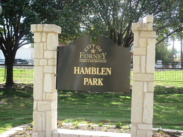 Hamblen Park is located behind City Hall and near the Missouri Pacific Railroad car in Forney.