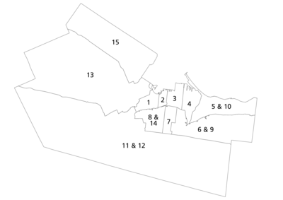 Municipal wards for the election of trustees to the Hamilton-Wentworth District School Board Hamilton Ward Map - HWDSB.png