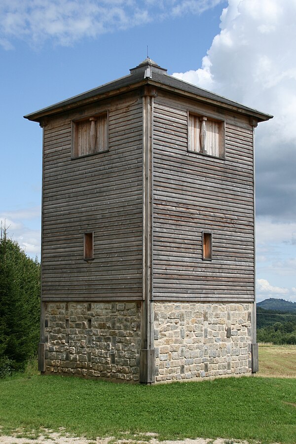 Reconstruction of the specula or vigilarium (Germanic burgus), "watchtower", a type of castrum, at Rainau-Buch, Germany. An ancient watchtower would h