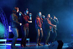 Home Free, from left to right: Tim Foust, former member Chris Rupp, Austin Brown, Rob Lundquist, Adam Rupp, performing in Iowa, February 2016