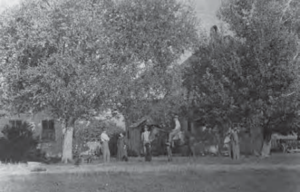 a black-and-white photo of a farmhouse in Utah the 1870s. The house is covered by some trees, and four people stand in front of it