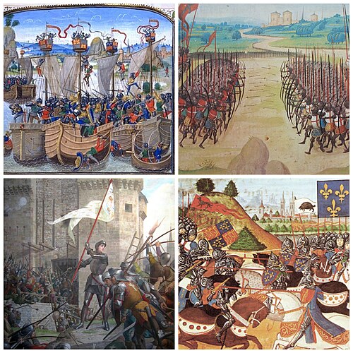 Clockwise, from top left: the Battle of La Rochelle, the Battle of Agincourt, the Battle of Patay, and Joan of Arc at the Siege of Orléans