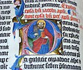 Lettrine enluminée P, représentant saint Pierre, Bible, Malmesbury Abbey, Wiltshire, Angleterre (1407).