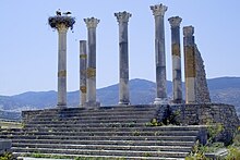 There is a stork nest on one of the columns