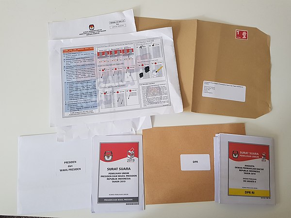 Postal voting documents sent to an Indonesian voter in the United Kingdom during the 2019 Indonesian general election