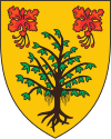 Герб Барбадоса, на котором изображены цветы и дерево Цезальпинии красивейшей