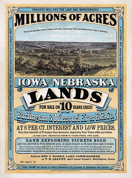 Settlement of Iowa: a land offer from the Burlington and Missouri River Railroad, 1872.