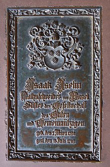 Isaak Iselin (1728–1782) Geschichtsphilosoph, Ratsschreiber, Stifter. Epitaphien (Grabtafeln) im gotischen Doppelkreuzgang (15. Jh.) des Basler Münster.
