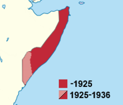 Italiensk Somaliland, med Jubaland (orange) erhvervet i 1925