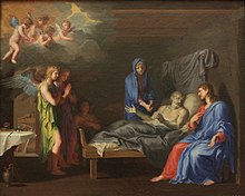 Death of Saint Joseph, following the apocryphal account. Jacques Stella, 1650s Jacques Stella - Mort de Saint Joseph.jpg