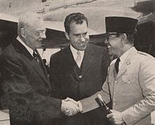 Sukarno (right) with John Foster Dulles (left) and Richard Nixon (center) in 1956. John Foster Dulles, Richard Nixon, and Sukarno, Presiden Soekarno di Amerika Serikat, p2.jpg
