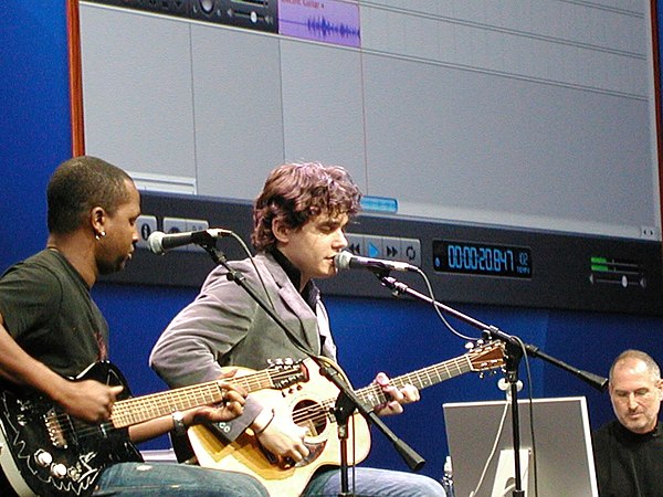 January 2005, left to right: David Ryan Harris, John Mayer and Steve Jobs at Macworld 11, SF Moscone Center.