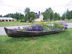 Vanha vene kukkapenkkinä napapiirin levähdysalueella Juoksengissa.