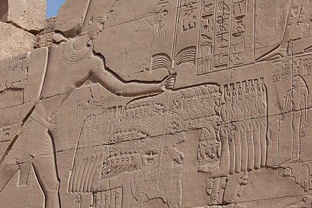 Thoutmôsis III en vainqueur au Levant. Relief du 7e pylône temple de Karnak