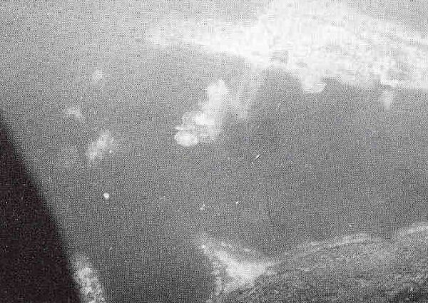 Kōei Maru (center) is straddled by bombs while at anchor in Tulagi harbor during the attacks by Yorktown aircraft.