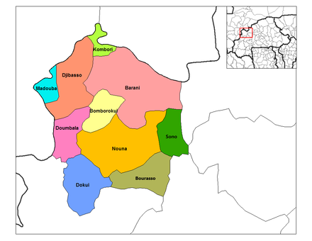Location of the 10 departments (or communes) in Kossi Province.