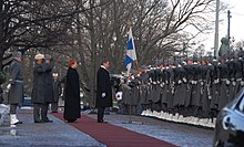 New President Sauli Niinisto (rt.) and outgoing President Halonen (2nd rt.) accompanied by military leaders, inspect the company of honor, c. 2012 Kunniakomppania.JPG