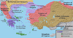 Det latinska riket, kejsardömet Nicaea, kejsardömet Trabzon och despotatet Epirus. Gränserna är mycket osäkra.