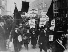 The children of Lawrence textile strikers, who were sent to New York City for temporary care, march with banners in solidarity with the textile strikers back in Massachusetts. Lawrence textile strikers parading in New York City.png