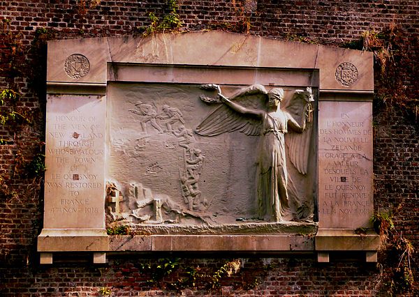 The Le Quesnoy Memorial. The relief depicts New Zealanders scaling the Le Quesnoy walls. Le Quesnoy NZ War memorial (3).JPG
