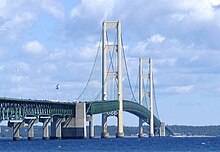 The Mackinac Bridge, a suspension bridge spanning the Straits of Mackinac to connect the Upper and Lower peninsulas of Michigan