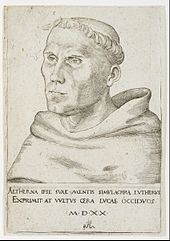 A 1520 engraving of Luther as a friar with a tonsure Lucas Cranach the Elder - Martin Luther, Bust in Three-Quarter View - Google Art Project.jpg
