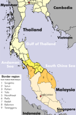 Malay Muslim provinces in Southern Thailand and northern Malaysia. MalaysiaThailand (en).png