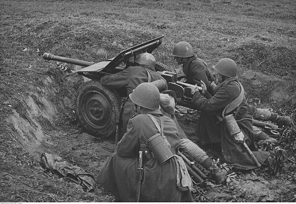 A four man crew on the Polish wz. 36 Bofors in 1938.