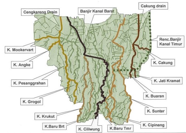 Ci Liwung ("K. Ciliwung "), bottom center in the map of rivers and canals of Jakarta (2012) Map of rivers and canals in Jakarta 2012.jpg