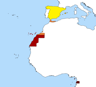 מפת שטחי שלטונה של הרפובליקה הספרדית ערב פרוץ המלחמה:      ספרד שבחצי האי האיברי      האיים הבלאריים      מרוקו הספרדית      האיים הקנריים      סהרה הספרדית      גינאה הספרדית